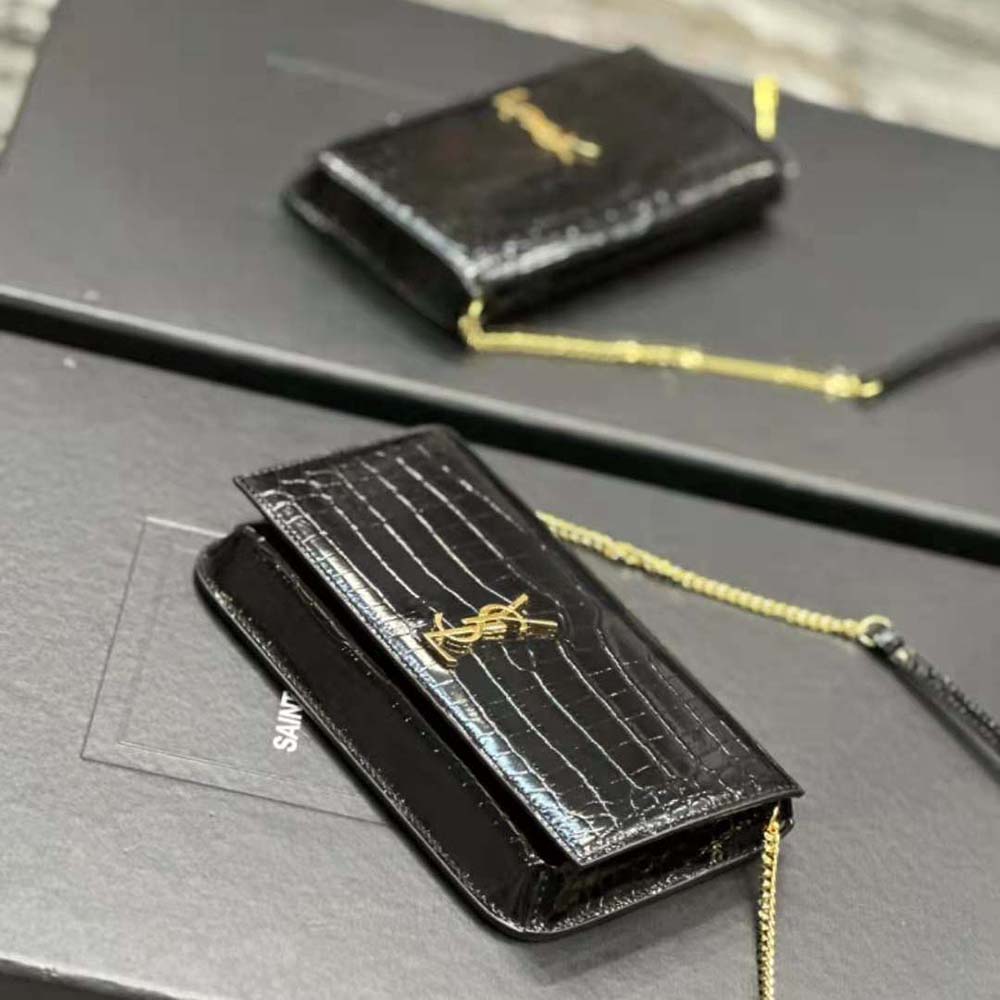 Saint Laurent YSL Women Cassandre Phone Holder with Strap in Shiny Crocodile-Embossed Leather-Black - image 7
