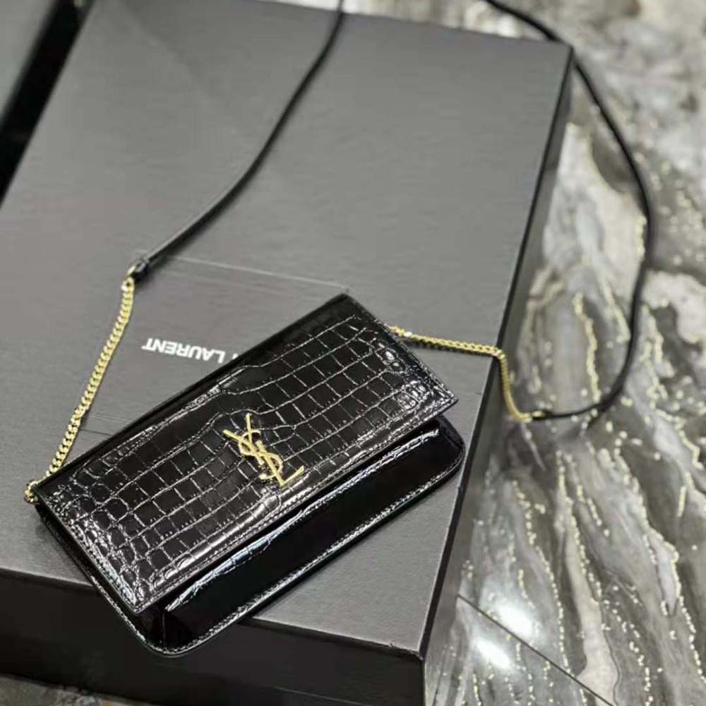 Saint Laurent YSL Women Cassandre Phone Holder with Strap in Shiny Crocodile-Embossed Leather-Black - image 5