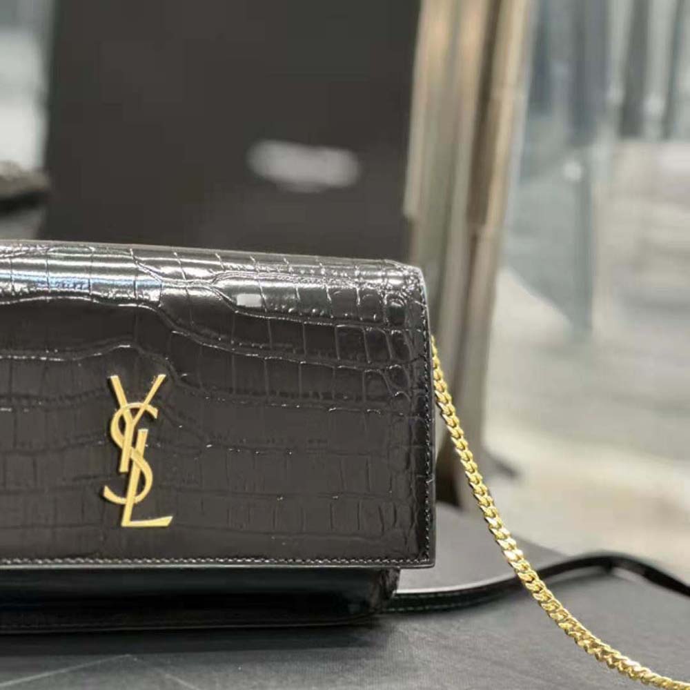 Saint Laurent YSL Women Cassandre Phone Holder with Strap in Shiny Crocodile-Embossed Leather-Black - image 9