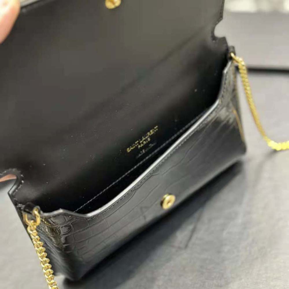 Saint Laurent YSL Women Cassandre Phone Holder with Strap in Shiny Crocodile-Embossed Leather-Black - image 10