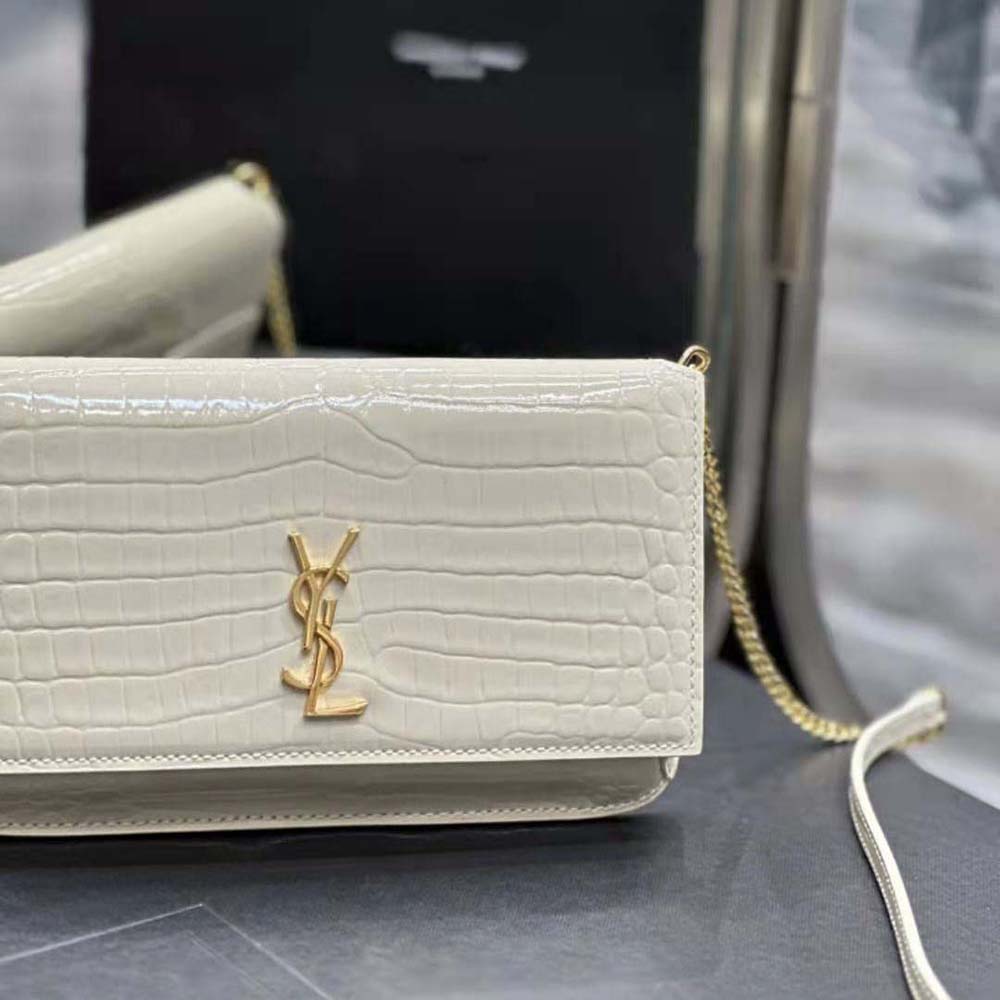 Saint Laurent YSL Women Cassandre Phone Holder with Strap in Shiny Crocodile-Embossed Leather-White - image 8