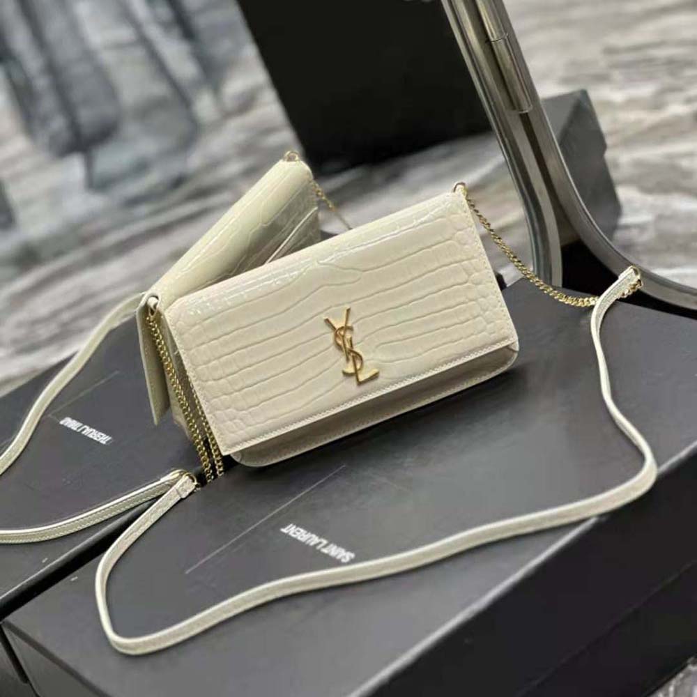 Saint Laurent YSL Women Cassandre Phone Holder with Strap in Shiny Crocodile-Embossed Leather-White - image 4
