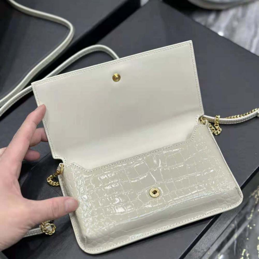 Saint Laurent YSL Women Cassandre Phone Holder with Strap in Shiny Crocodile-Embossed Leather-White - image 9