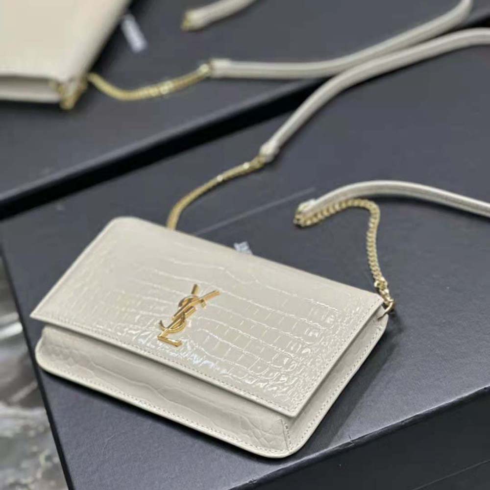 Saint Laurent YSL Women Cassandre Phone Holder with Strap in Shiny Crocodile-Embossed Leather-White - image 7