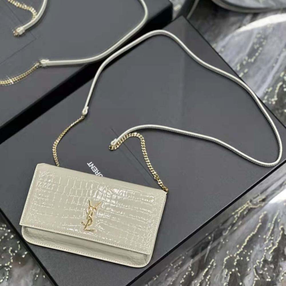 Saint Laurent YSL Women Cassandre Phone Holder with Strap in Shiny Crocodile-Embossed Leather-White - image 5