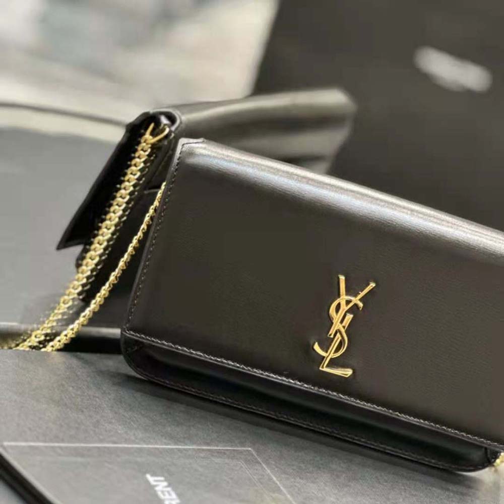 Saint Laurent YSL Women Cassandre Phone Holder with Strap in Smooth Leather-Black - image 8