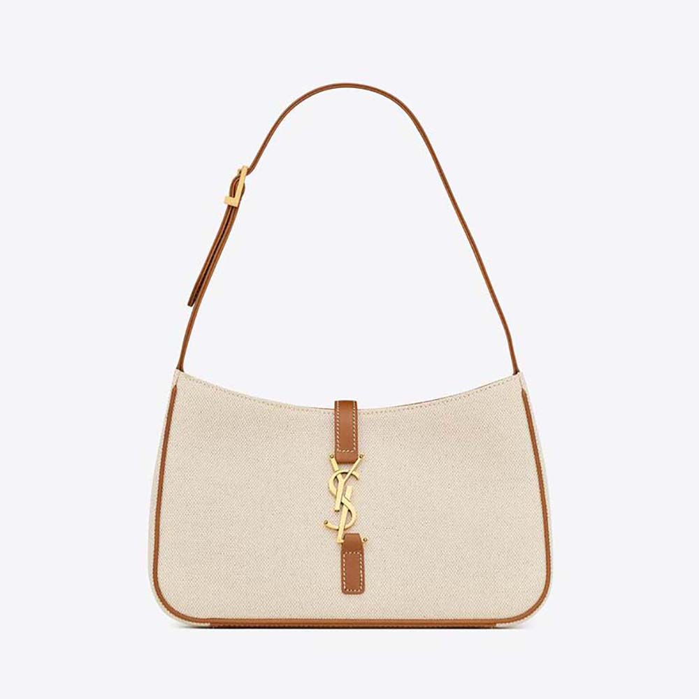 Front view of Saint Laurent YSL Women Le 5 à 7 bag in beige canvas and leather