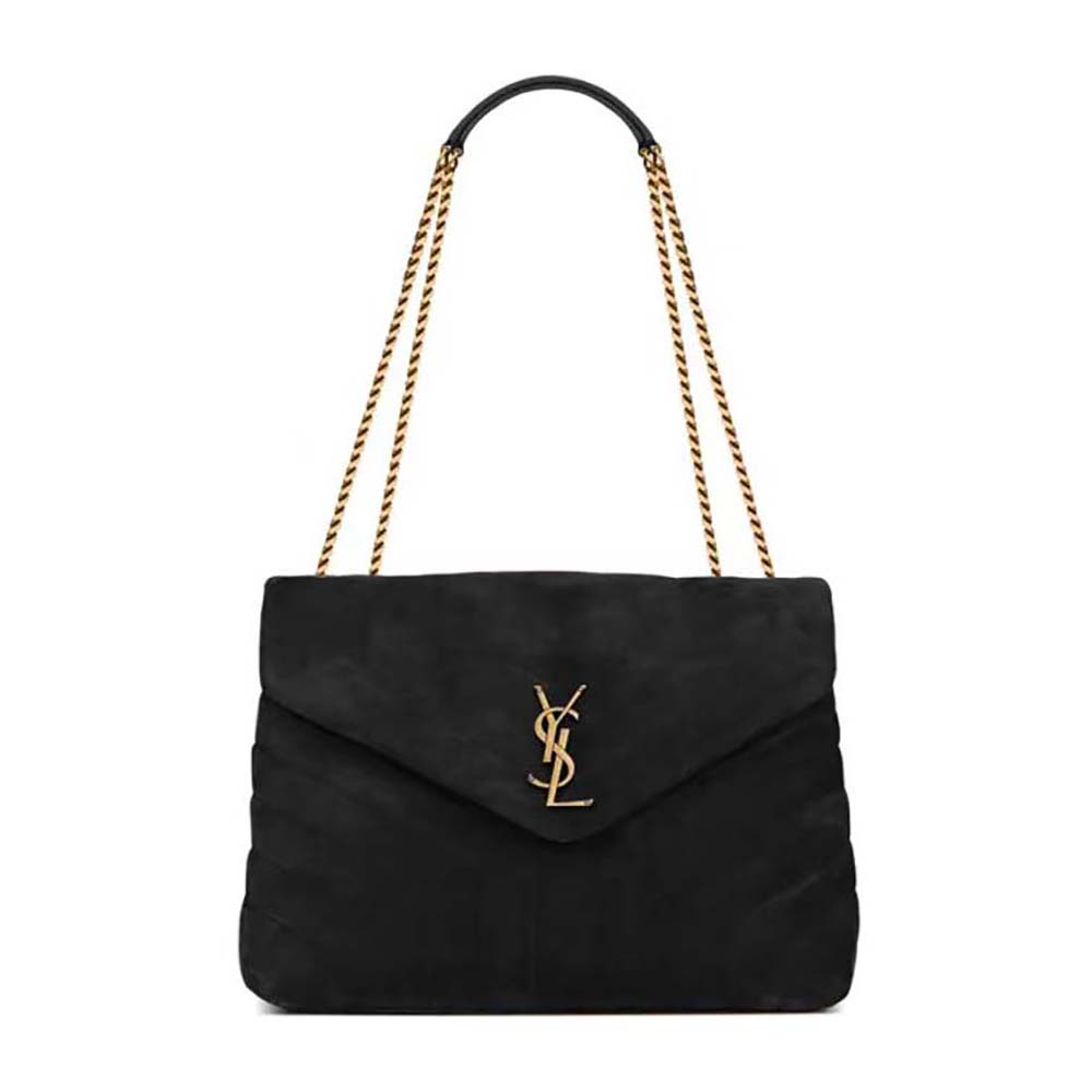 Front view of Saint Laurent YSL Women Loulou Medium Chain Bag black suede