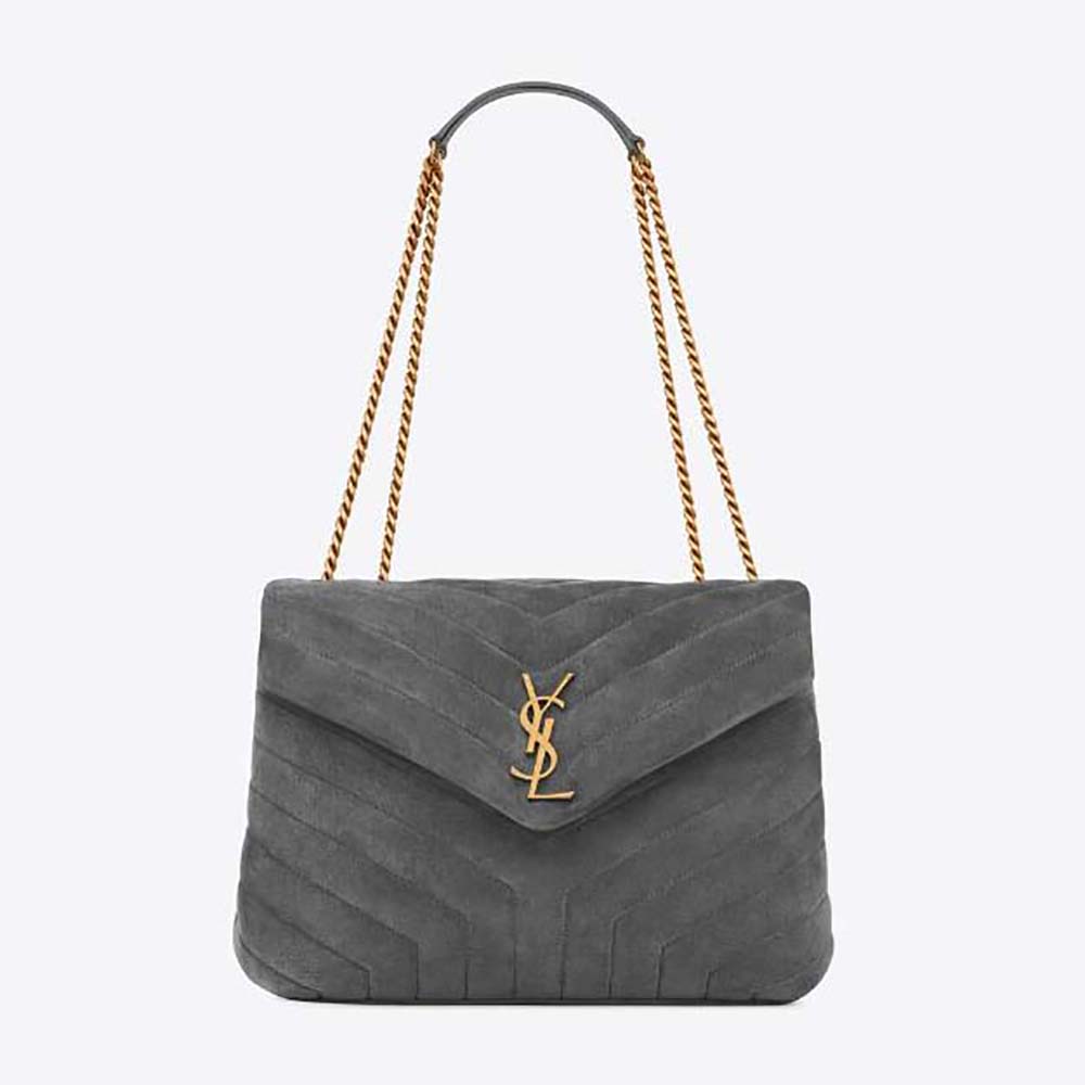 Front view of Saint Laurent YSL Women Loulou Medium Chain Bag in silver suede