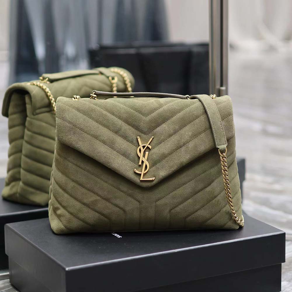 Side angle highlighting the quilted suede texture and strap of Saint Laurent YSL Women Loulou Medium
