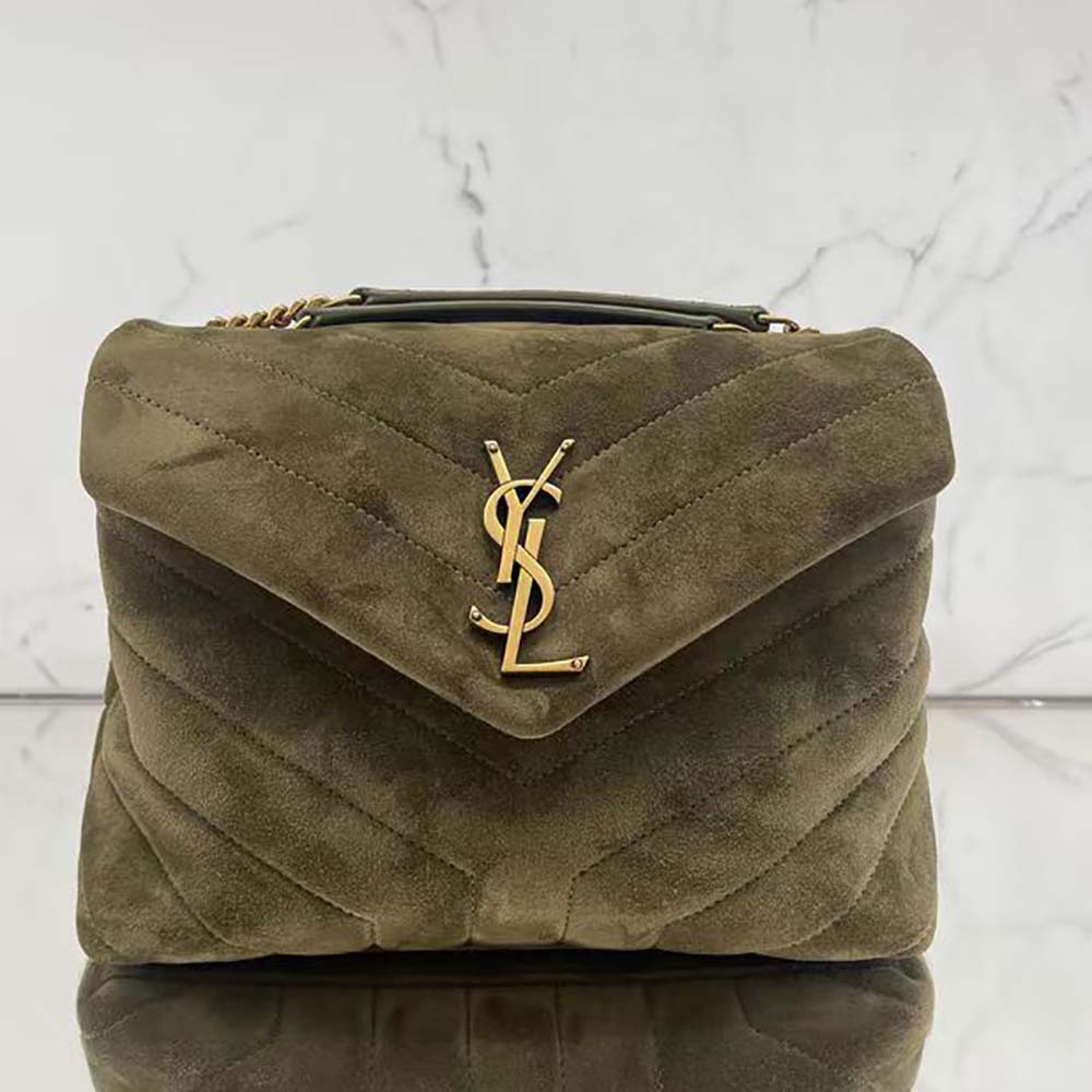 Close-up of gold YSL hardware on Saint Laurent YSL Women Loulou Medium bag