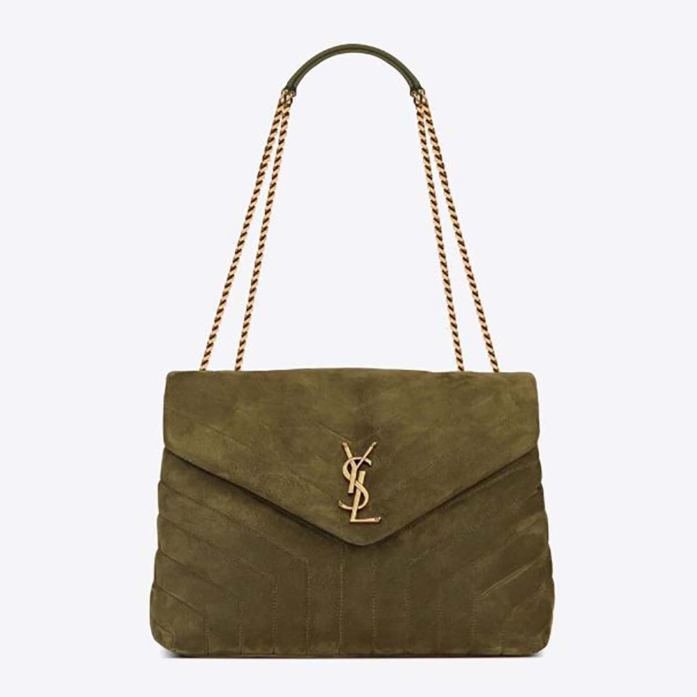 Front view of Saint Laurent YSL Women Loulou Medium in Quilted “Y” Suede-Green