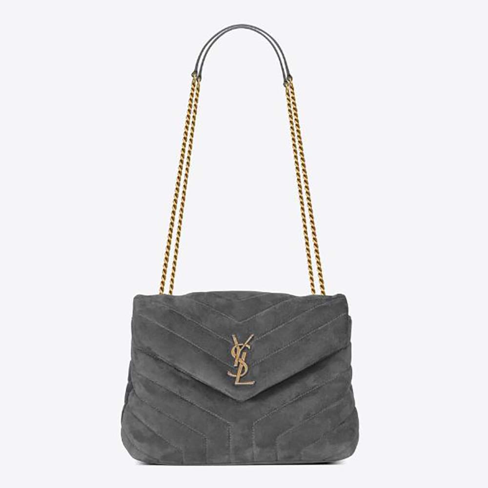 Front view of Saint Laurent YSL Women Loulou Small Chain Bag silver suede