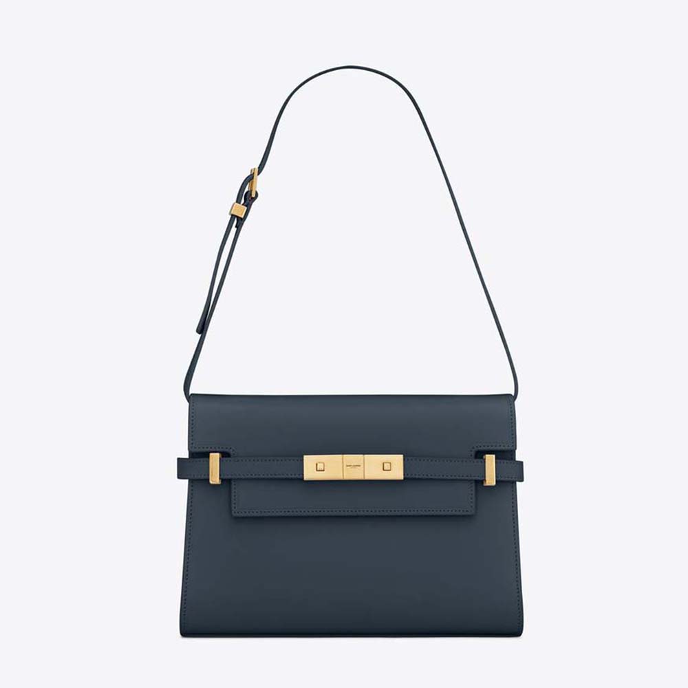 Front view of Saint Laurent YSL Women Manhattan Small Shoulder Bag in navy leather