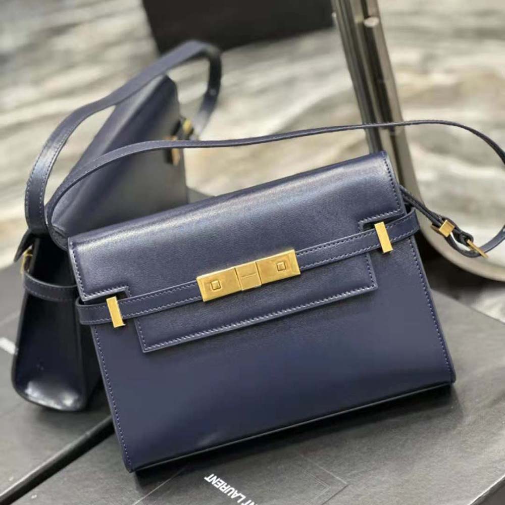 Side angle showing gold chain strap and magnetic closure of Saint Laurent YSL bag