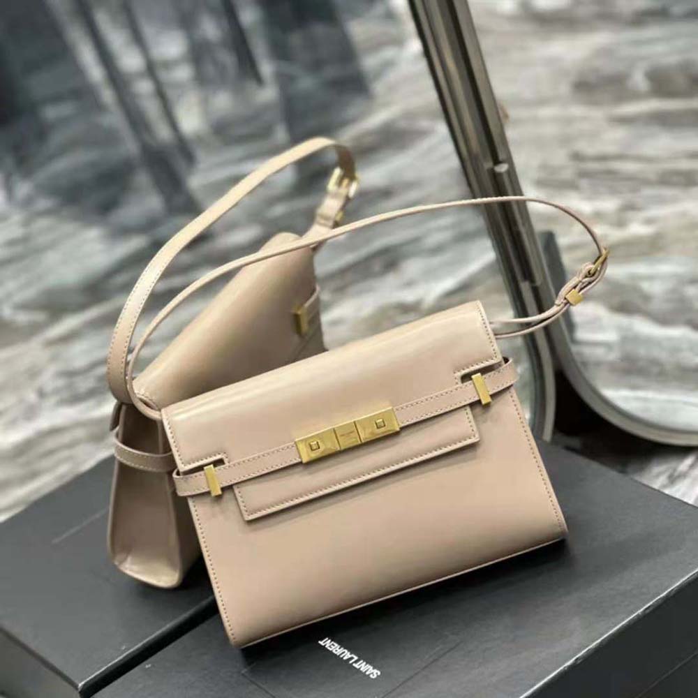 Side angle showing slim profile of Saint Laurent YSL small shoulder bag