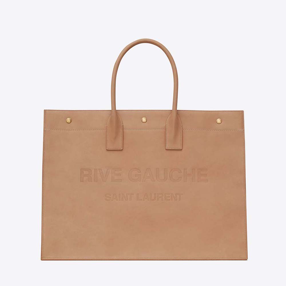 Front view of Saint Laurent YSL Women Rive Gauche Large Tote Bag in sandy leather