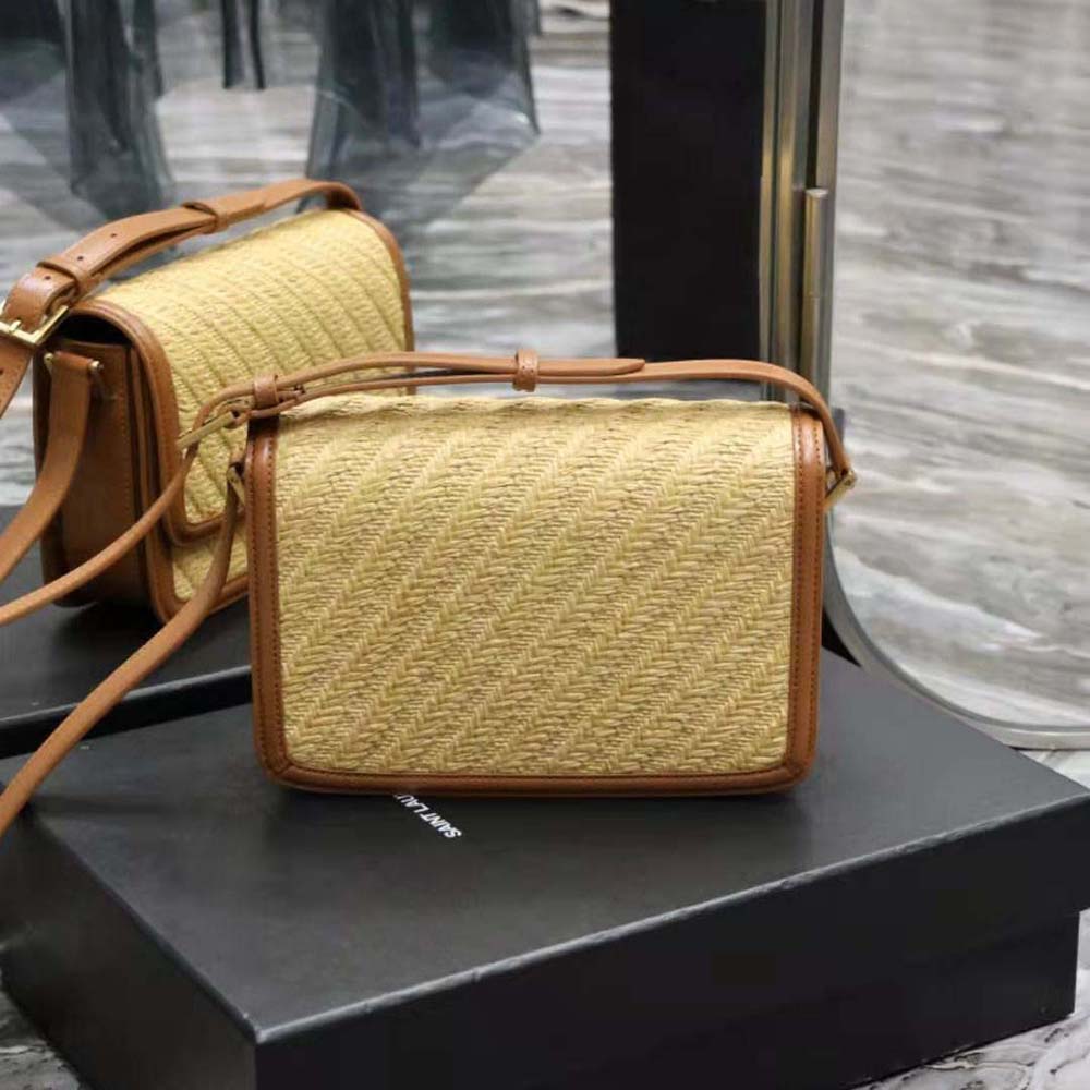 Side angle showing raffia texture and vegetable-tanned leather trim on Saint Laurent Solferino satchel