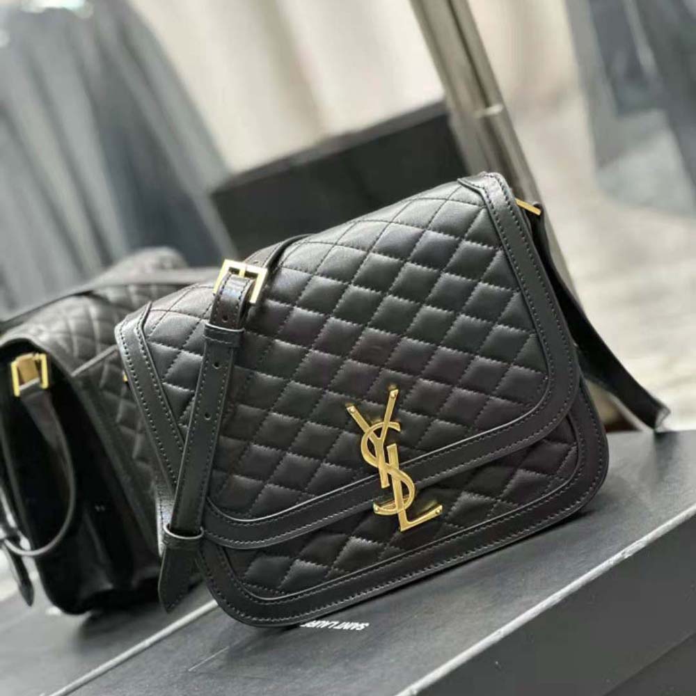 Side angle showing supple leather texture on Saint Laurent YSL Solferino Medium Satchel