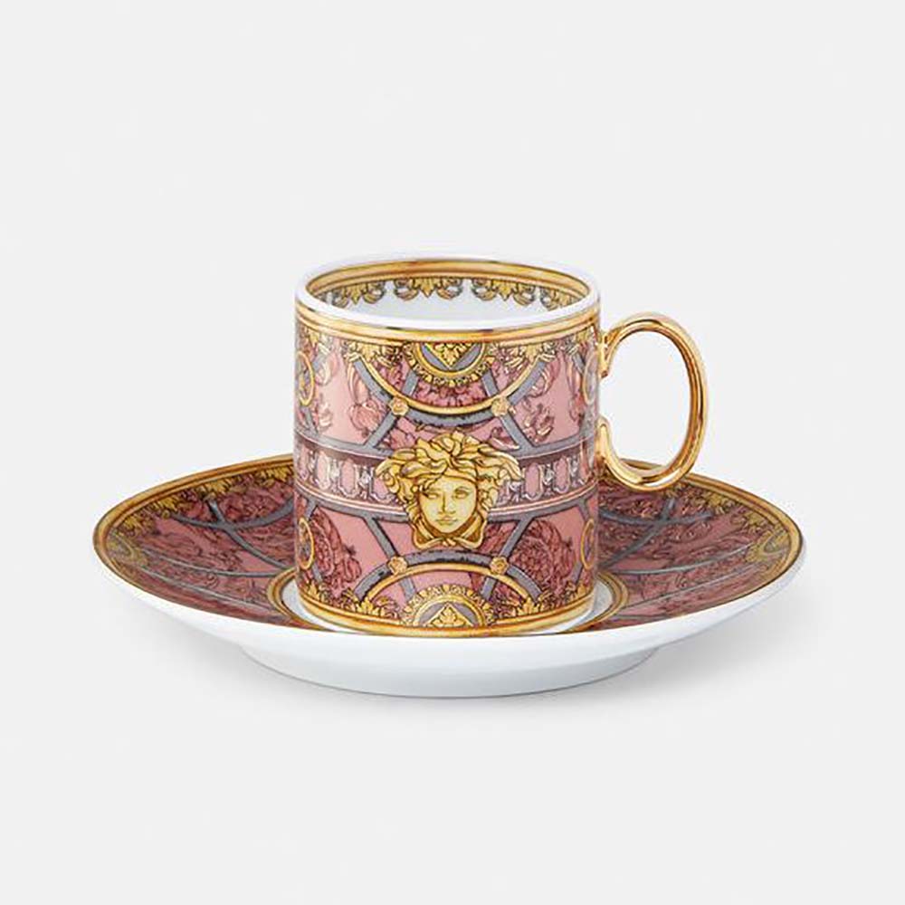 Side view of Versace Unisex Scala Del Palazzo Coffee Set in pink porcelain