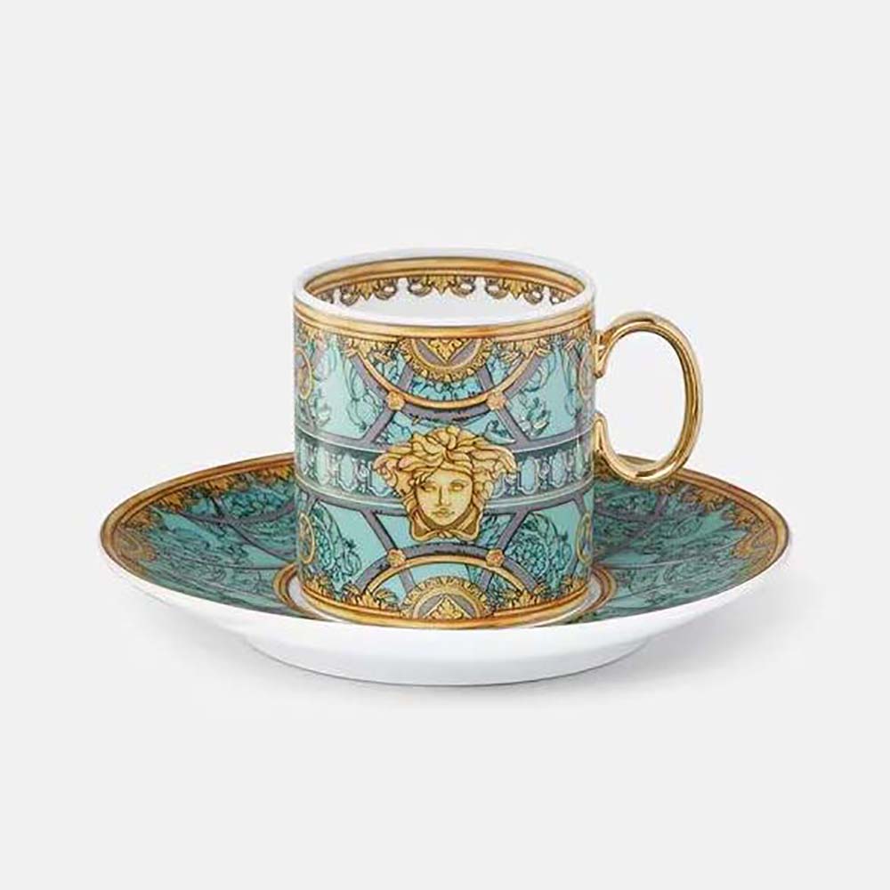 Front view of Versace Scala Del Palazzo Coffee Set blue cup and saucer