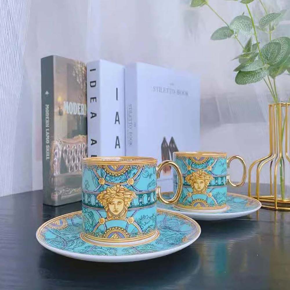 Versace Scala Del Palazzo Coffee Set Includes a Coffee Cup with Handle and a Matching Saucer-Blue - image 4