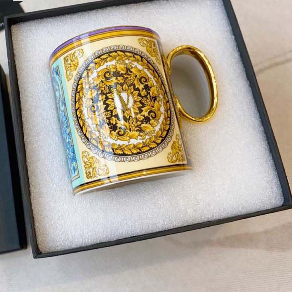 Close-up detail of brown Barocco mosaic design on Versace mug