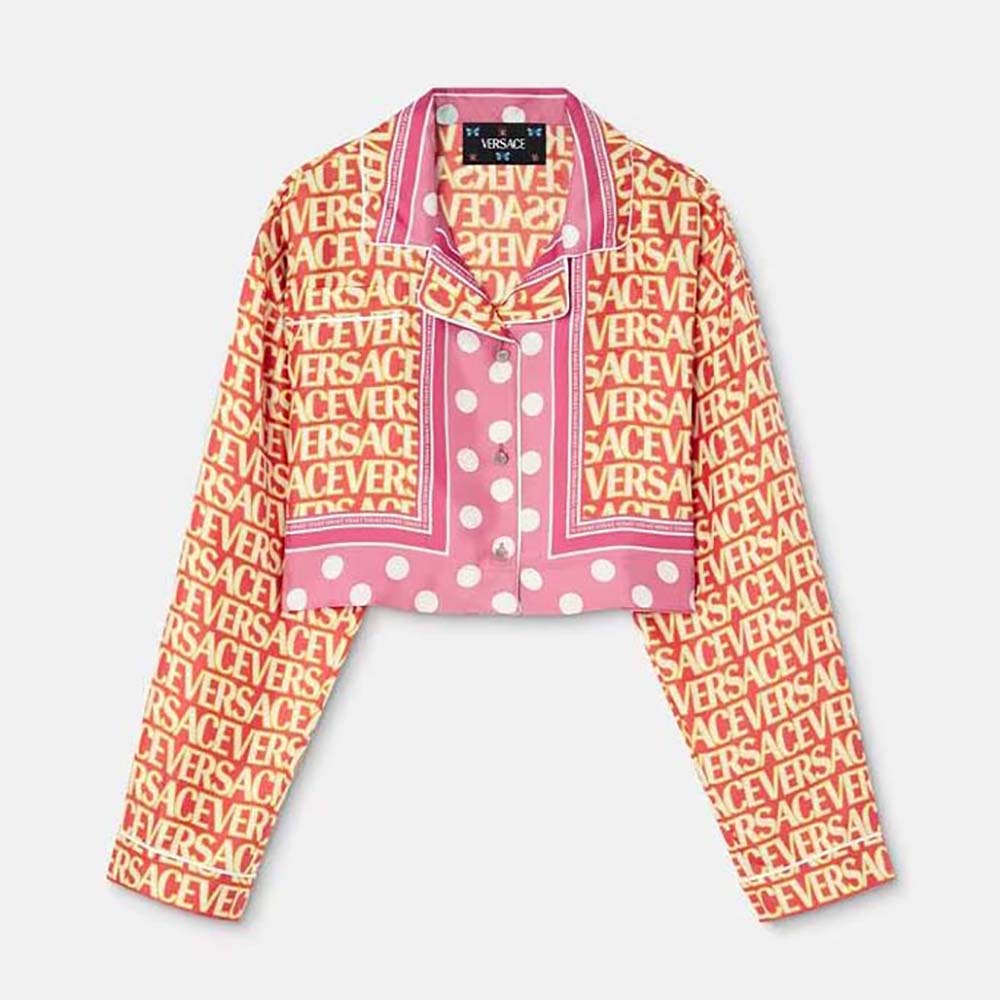 Front view of Versace Women Allover Silk Crop Shirt in pink