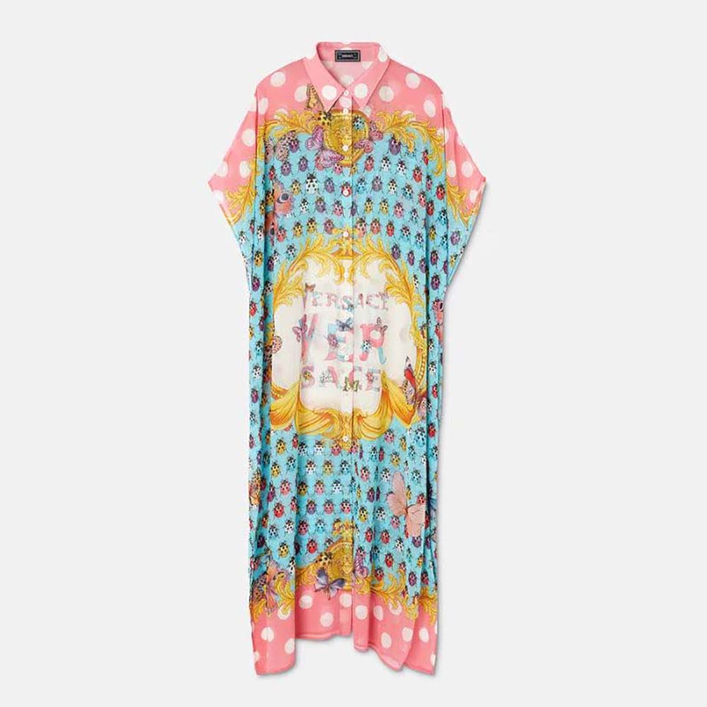 Front view of Versace Women Butterflies Shirt Cover-up in pink chiffon