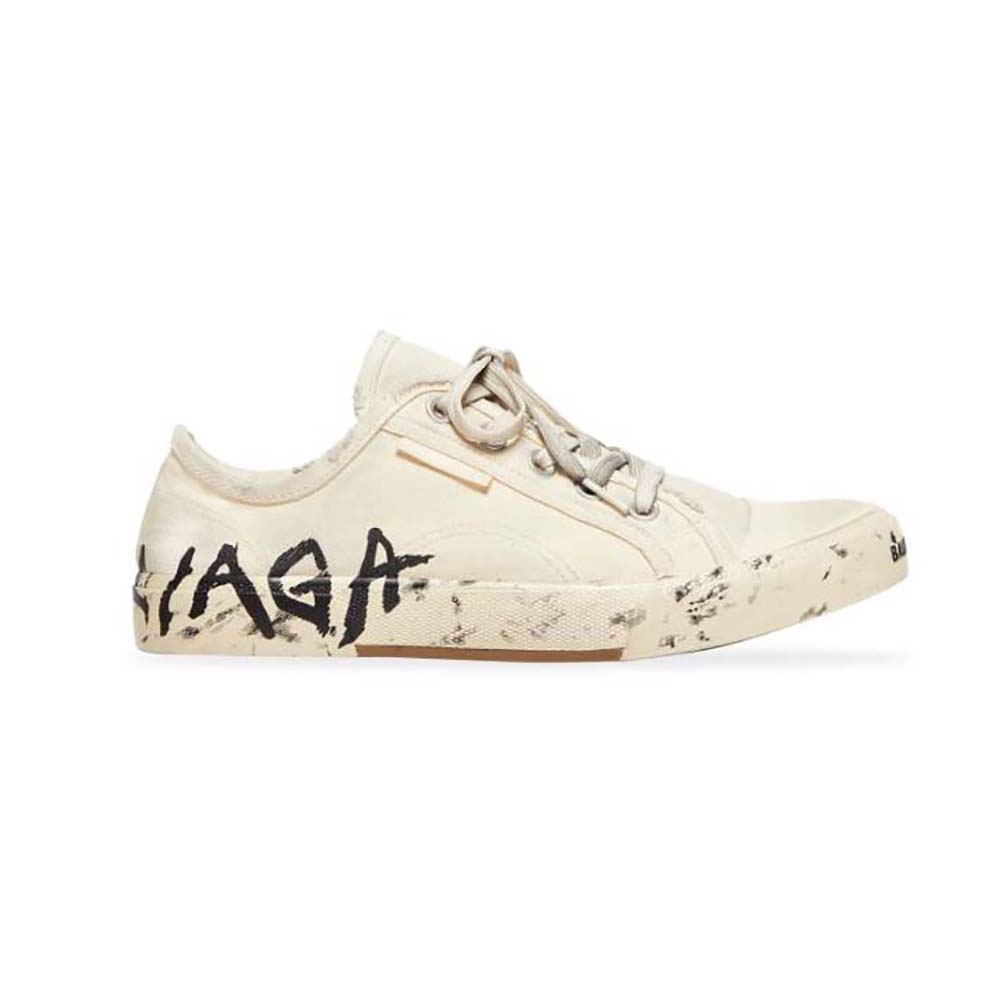 Side profile of Balenciaga Unisex Paris Low Top Graffiti Sneaker in White