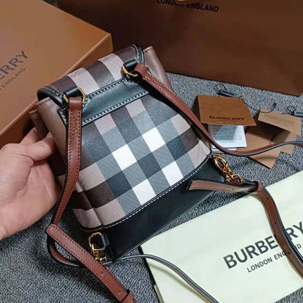 Side angle showing Burberry Women Check Micro Backpack silhouette and texture