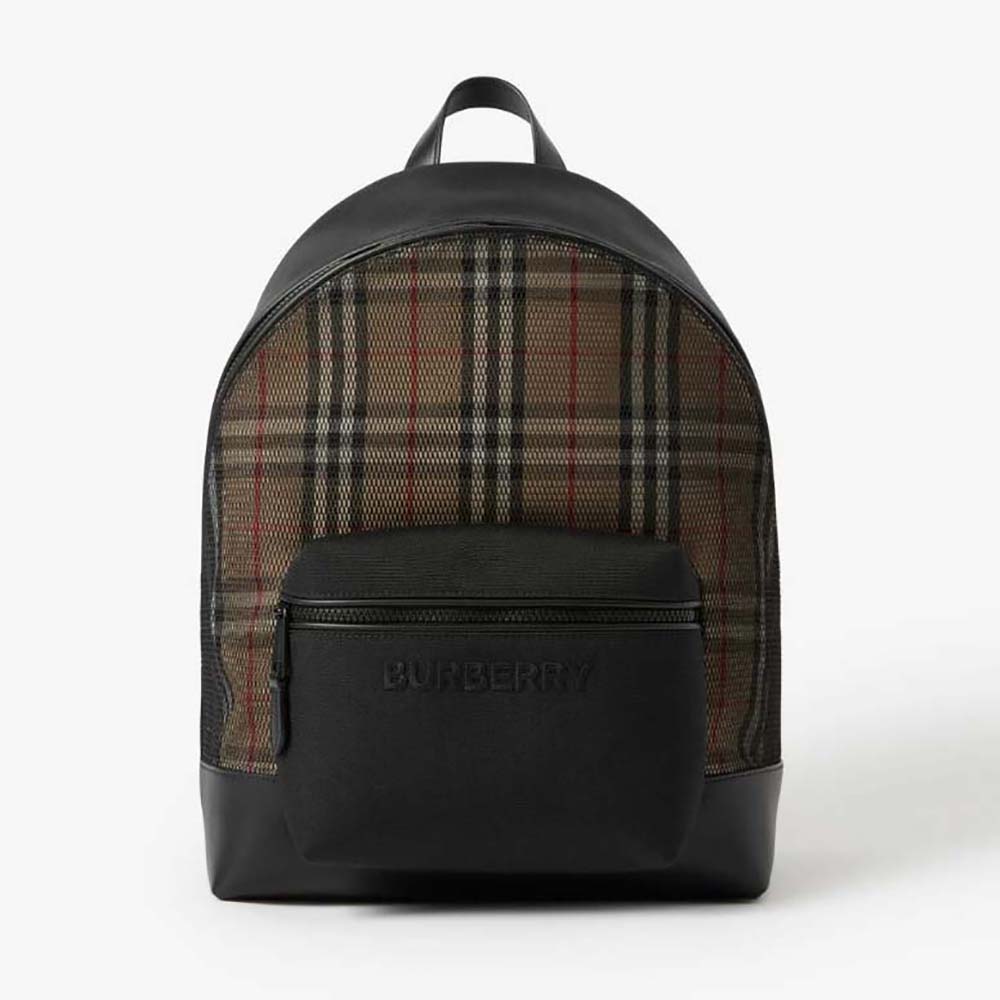 Front view of Burberry Women Check and Mesh Backpack in black