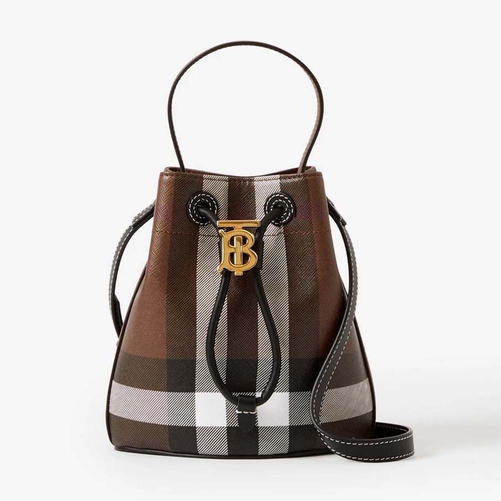 Front view of Burberry Women Mini TB Bucket Bag in brown calf leather