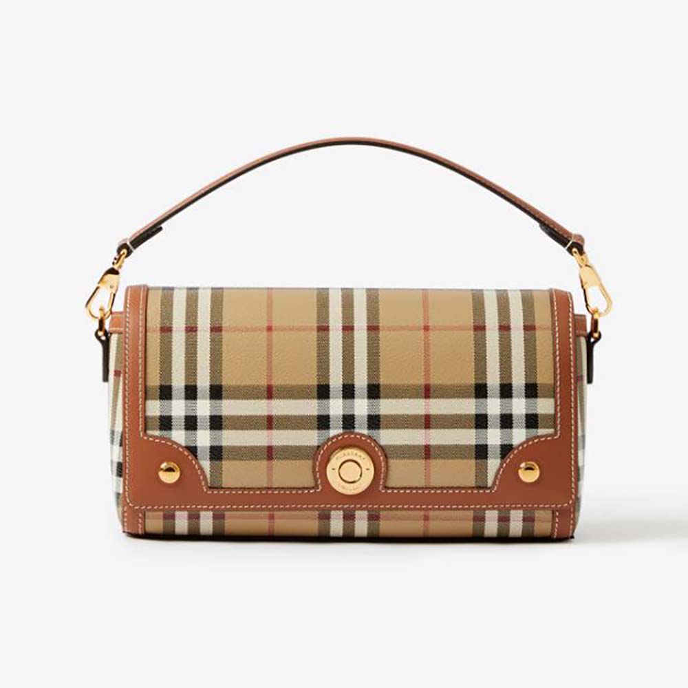 Front view of Burberry Women Top Handle Note Bag with Logo-engraved Studs-Brown