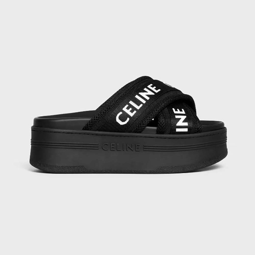 Front angle of Celine Women Block Slide in black mesh and jacquard