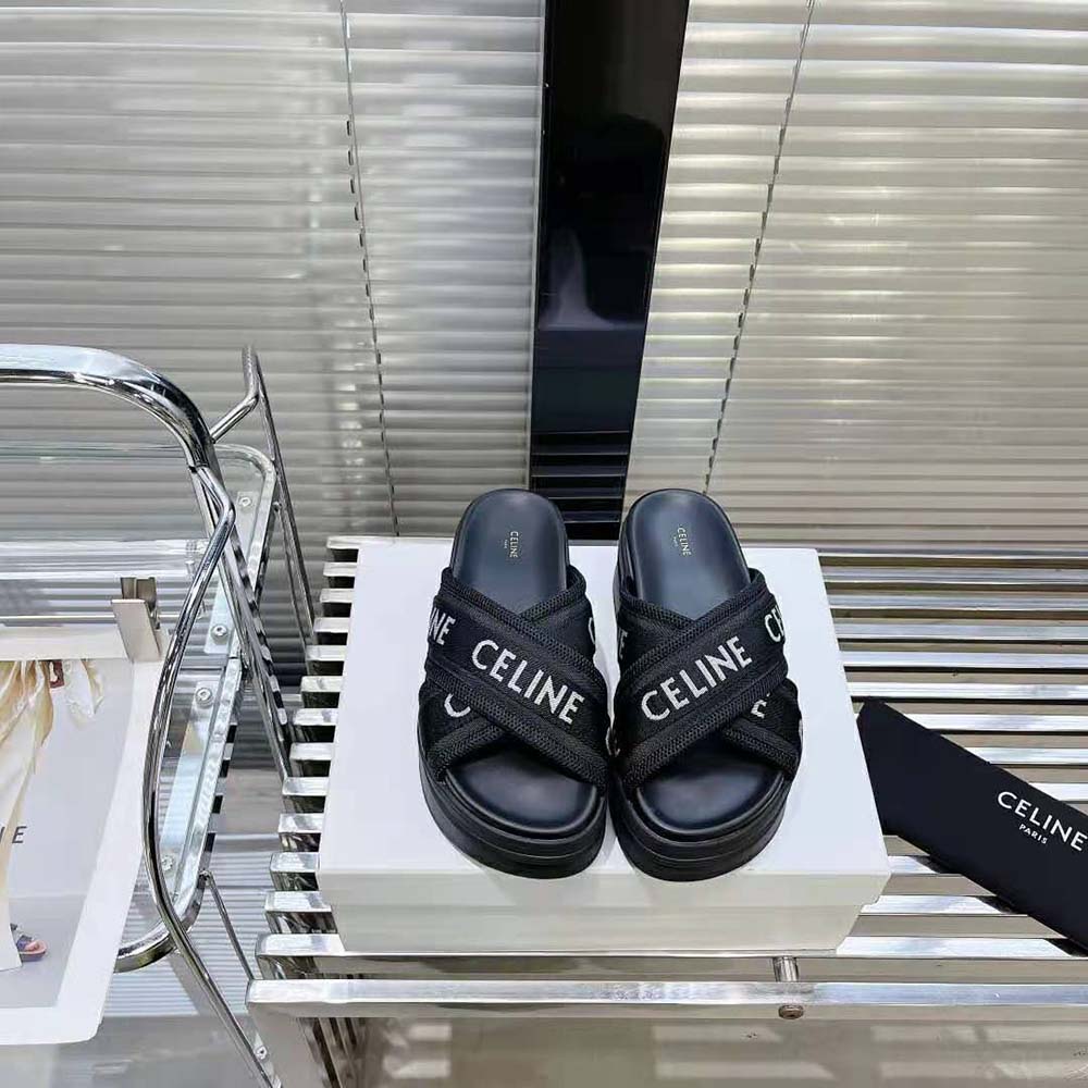 Side view showing block heel and jacquard detail on Celine Women Block Slide