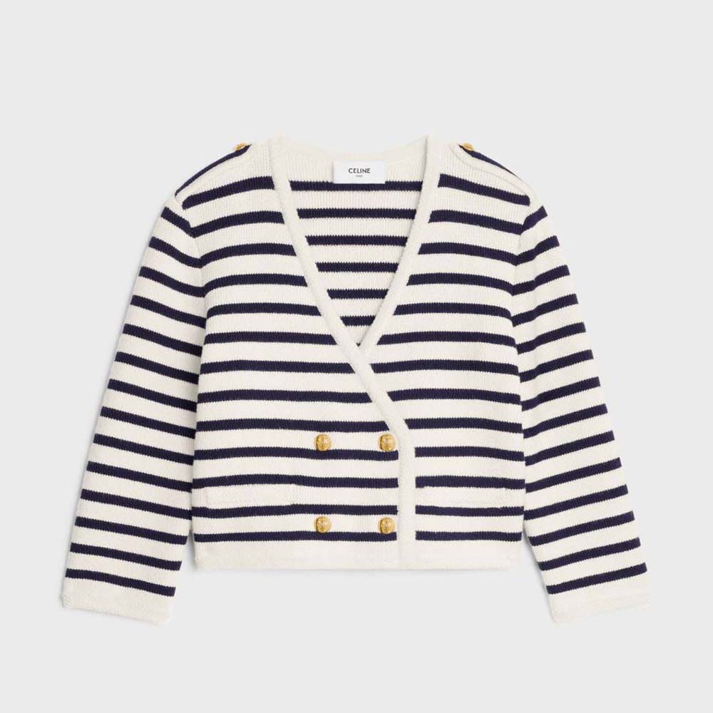 Front view of Celine Women Cropped Cardigan in Marinière Wool black