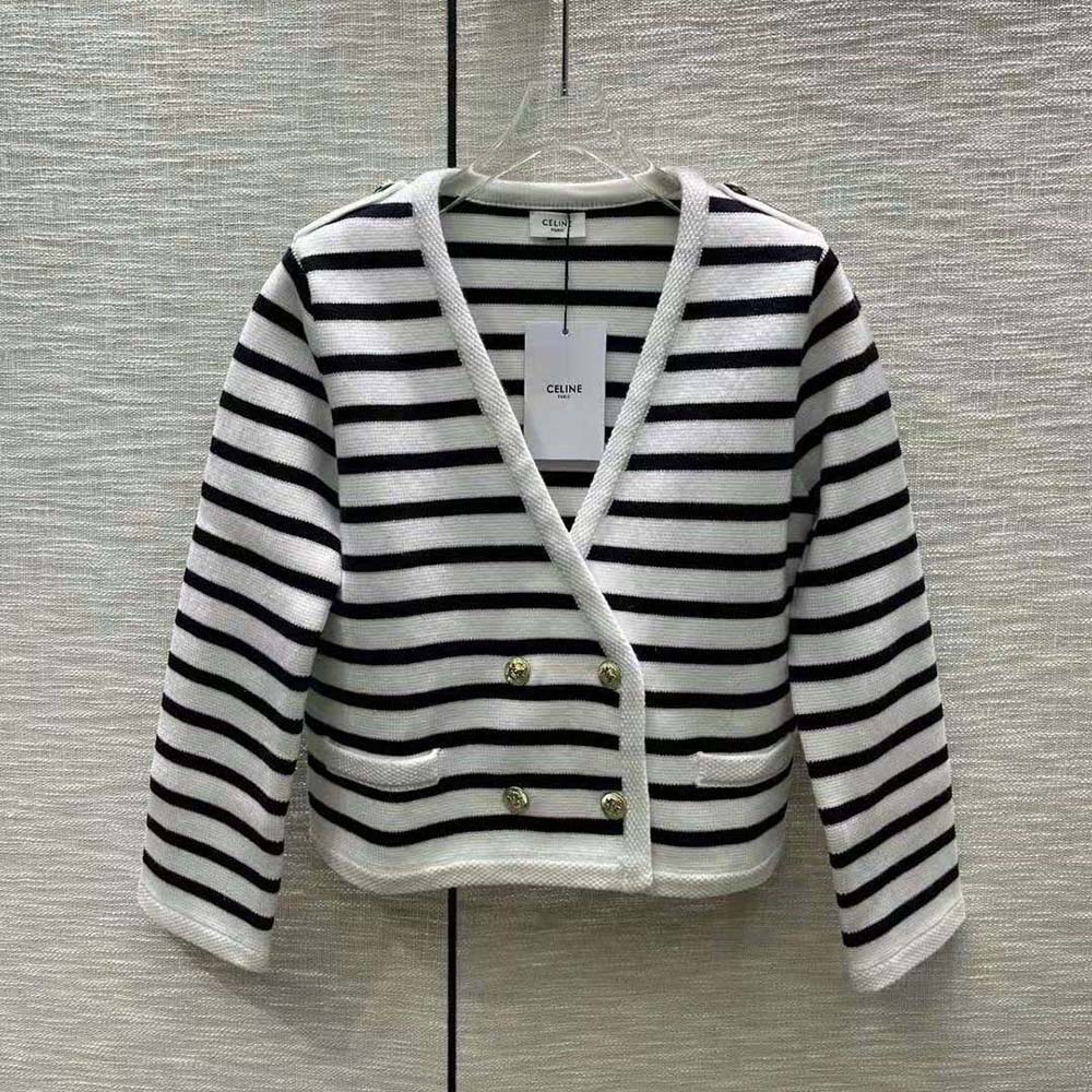 Close-up of signature Celine buttons on cropped wool cardigan