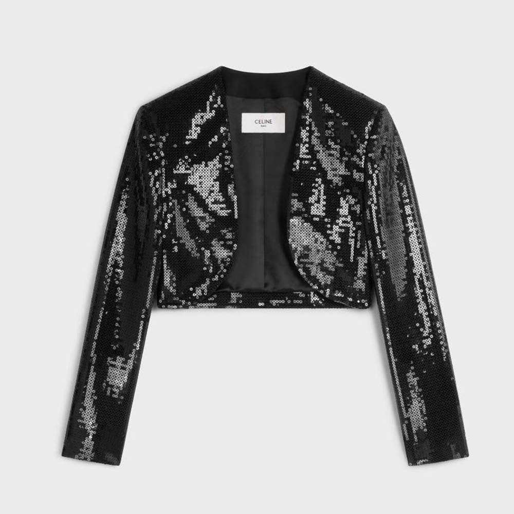 Front view of Celine Women Embroidered Bolero in Wool Gabardine black