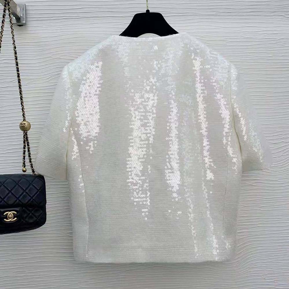 Side angle showing silhouette of Celine Women Embroidered Cardigan Jacket in bouclé