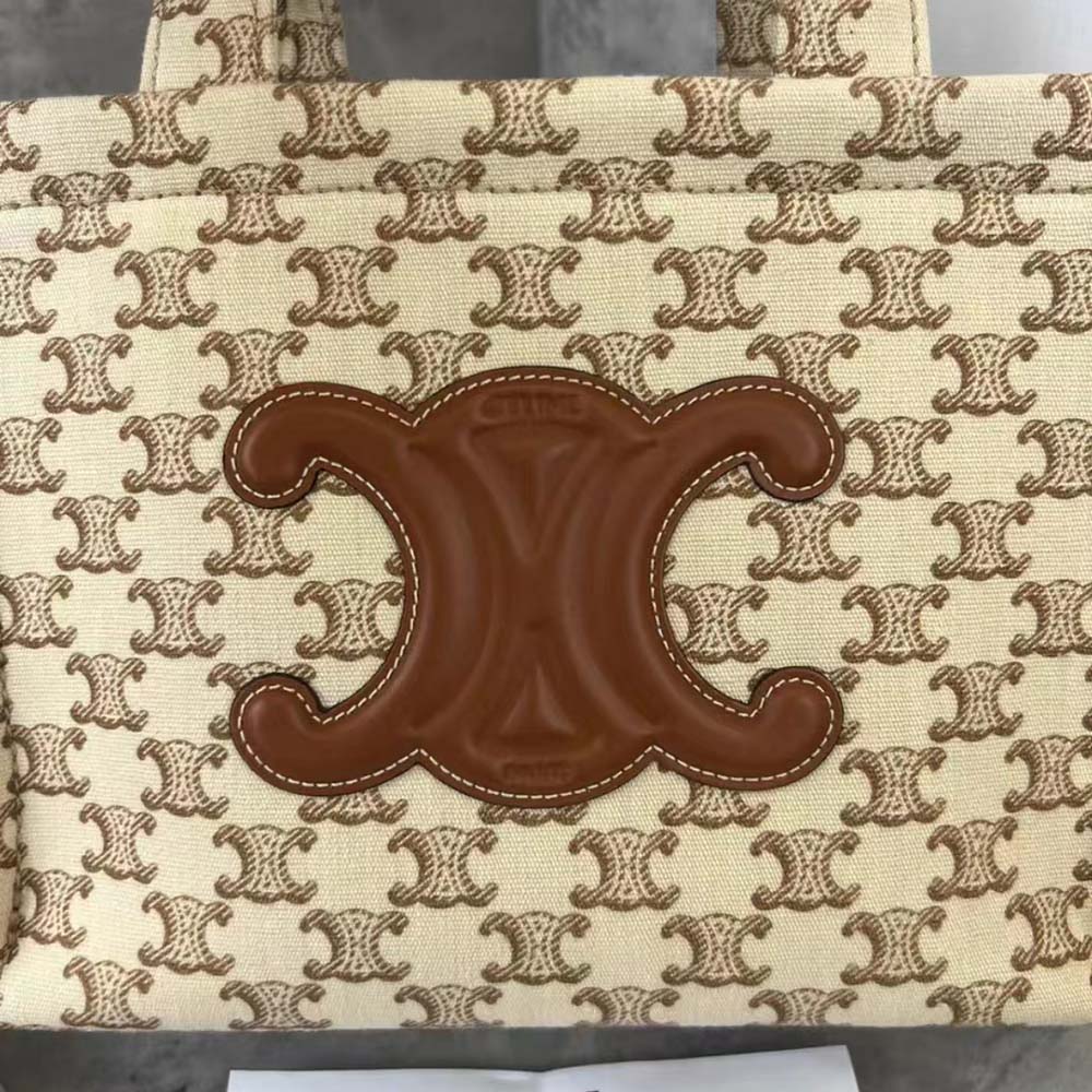 Celine Women Small Cabas Thais in Textile with Triomphe Canvas Print and Calfskin-Beige - image 5