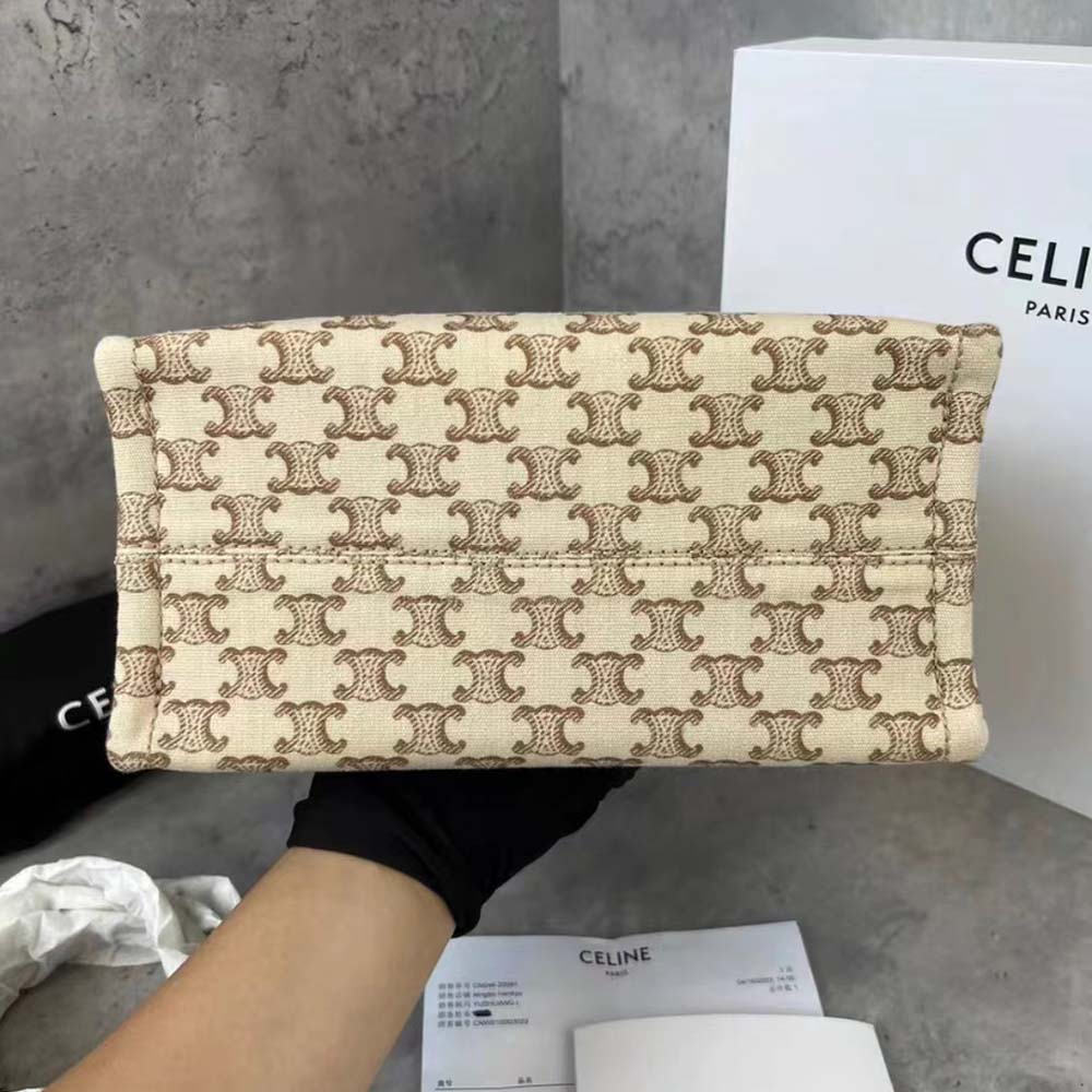 Celine Women Small Cabas Thais in Textile with Triomphe Canvas Print and Calfskin-Beige - image 4