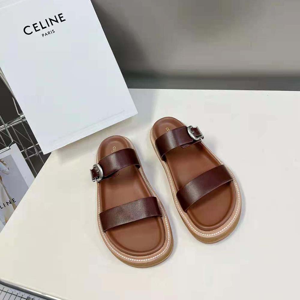 Close-up of Celine buckle hardware on Tippi calfskin sandal