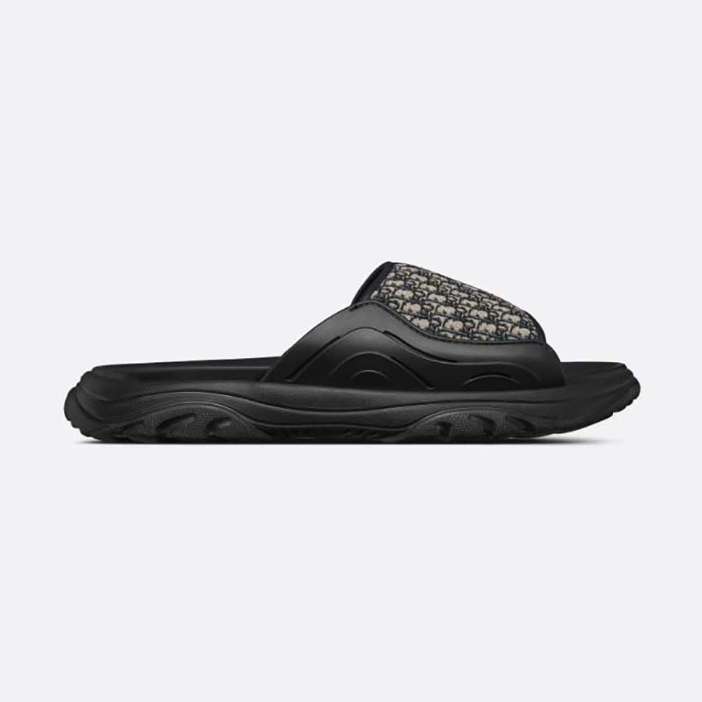 Side view of Dior Men H-town Sandal Black Rubber with Beige and Black Dior Oblique Jacquard