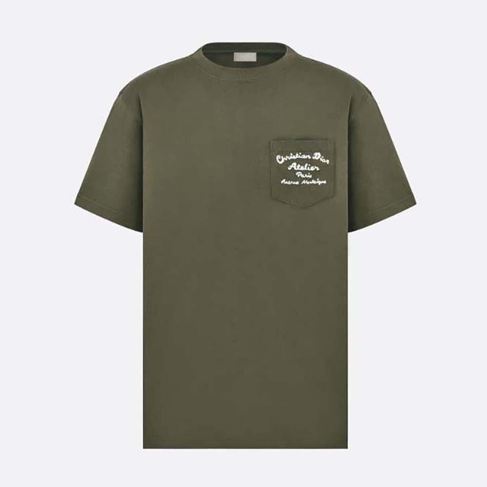 Front view of Dior Men Relaxed-fit Christian Dior Atelier T-shirt Khaki Cotton Jersey