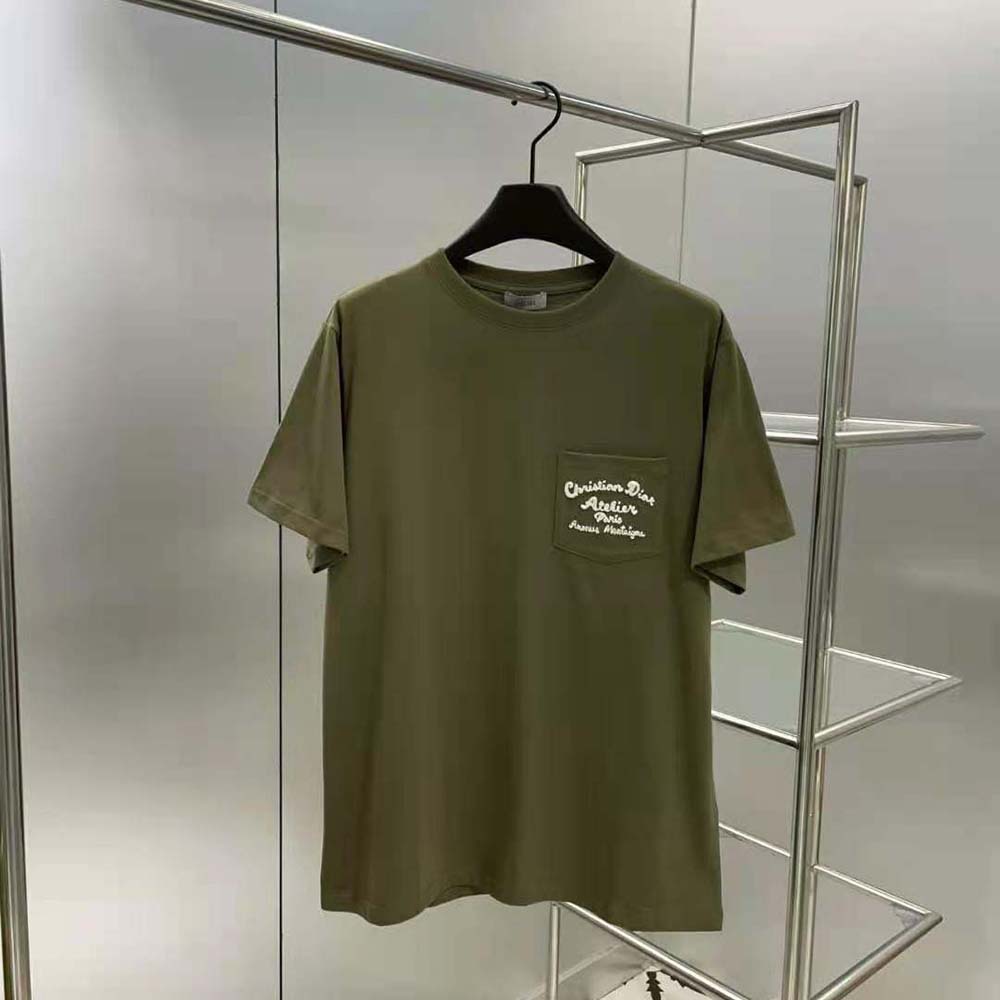 Close-up of Christian Dior Atelier print on relaxed-fit khaki T-shirt