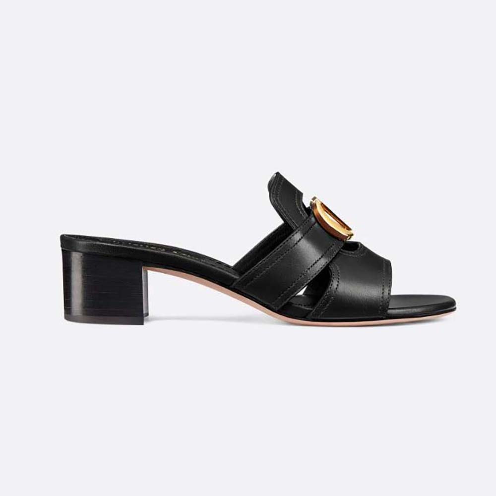 Side view of Dior Women 30 Montaigne Heeled Slide Black Calfskin