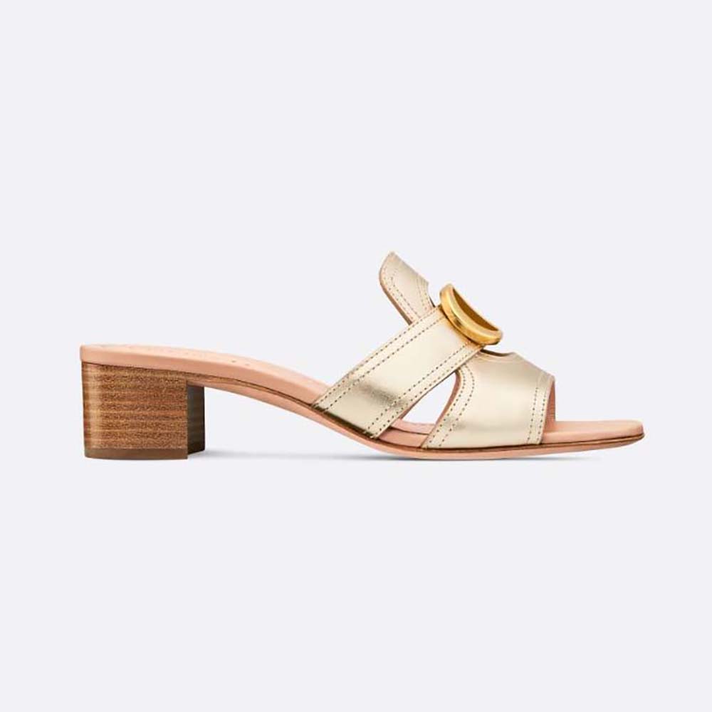 Side view of Dior Women 30 Montaigne Heeled Slide Platinum-Tone Metallic Calfskin