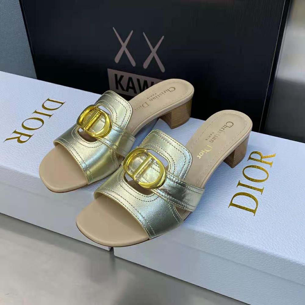 Dior Women 30 Montaigne Heeled Slide Platinum-Tone Metallic Calfskin - image 4