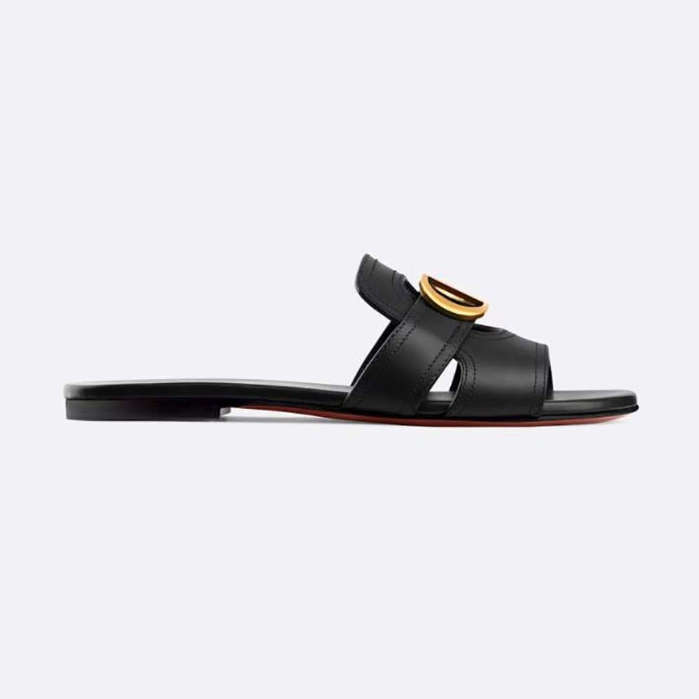 Side angle of Dior Women 30 Montaigne Slide Black Calfskin sandal